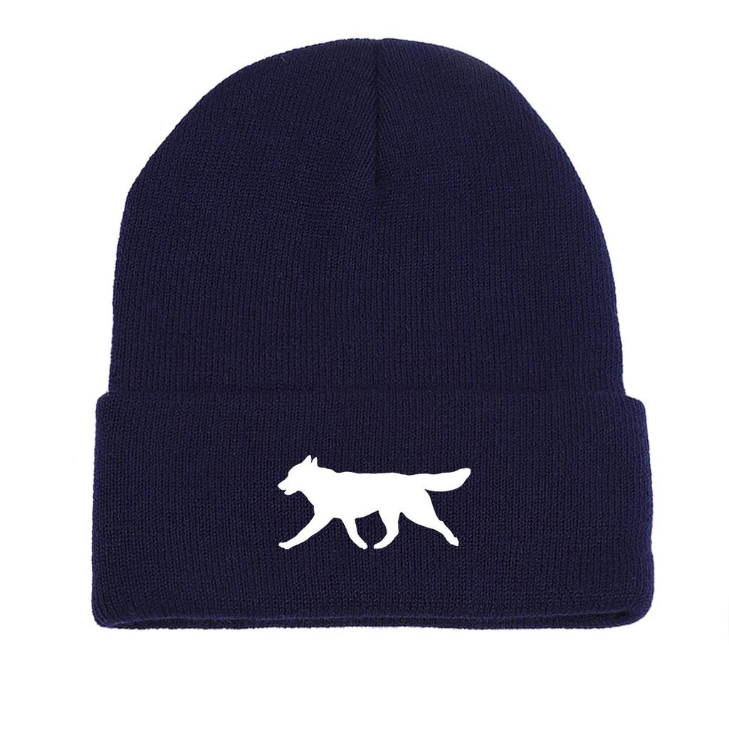 White Wolf Dog Print Knitted Cap Beanie, Animal Man Cap Lightweight Elastic Casual Bobble Hat Knit Hat Beanie