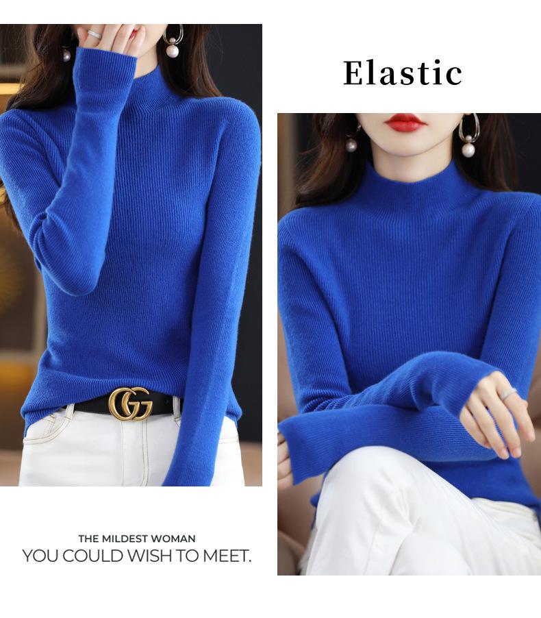 Women's Slim-Fit Korean Style 100% Wool Sweater, Half-High Neck Knit Base Layer for Autumn/Winter