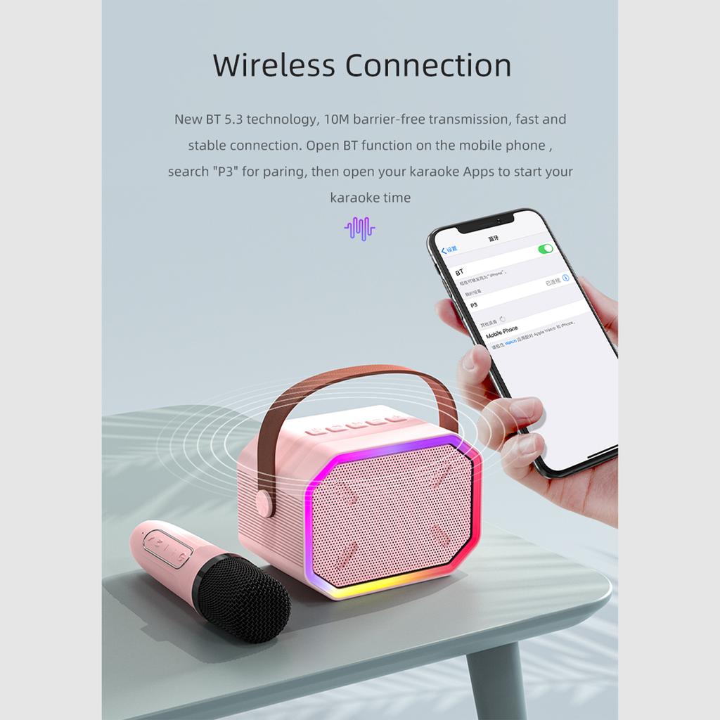 Мини-караоке-машина BT Караоке-динамик с беспроводными микрофонами Ослепительный цветовой световой эффект для
