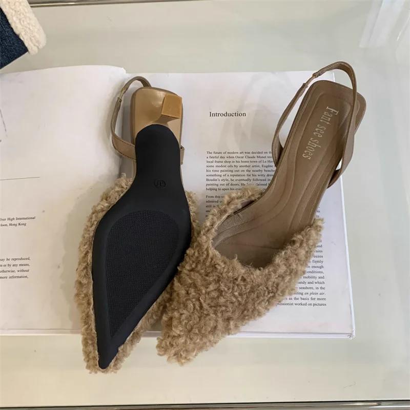Мех Женские Туфли на Высоком Каблуке Острый Носок Модные Сексуальные Шлепанцы Новый Дизайнер Вечерние Туфли-Лодочки Роскошные Zapatillas Mujer