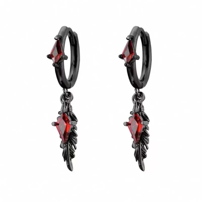 1Pc Gothic Black Feather Drop Earrings for Men Women Punk Red Zircon Geometric Personality Ear Buckle Earrings Y2K Jewelry Gifts