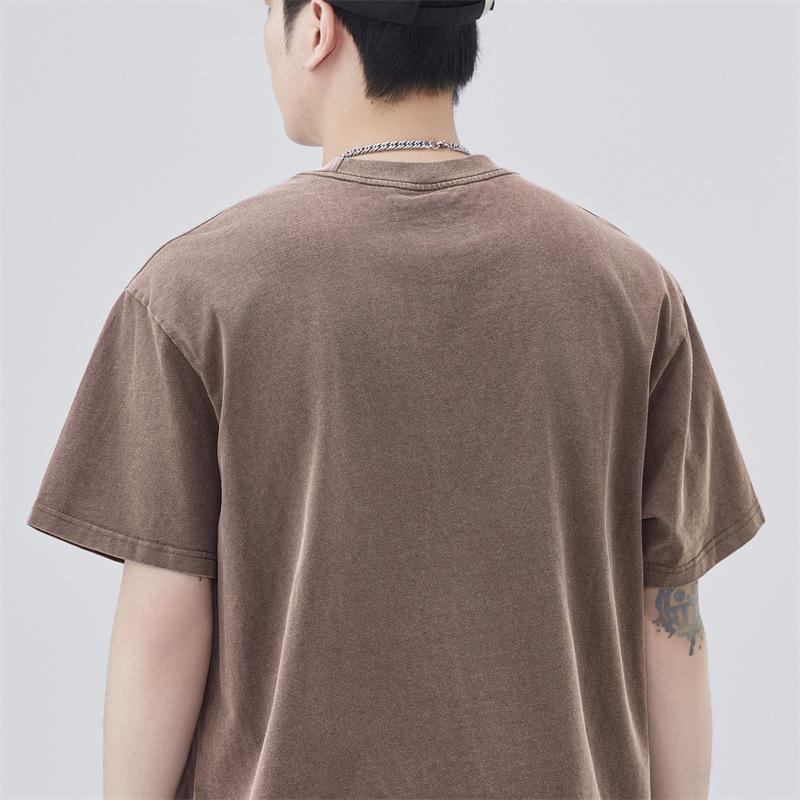 New Summer Men's Short-sleeved T-shirt Heavy Wash Water Concave and Embossed Print English Falling Shoulder T-shirt Short-sleeved