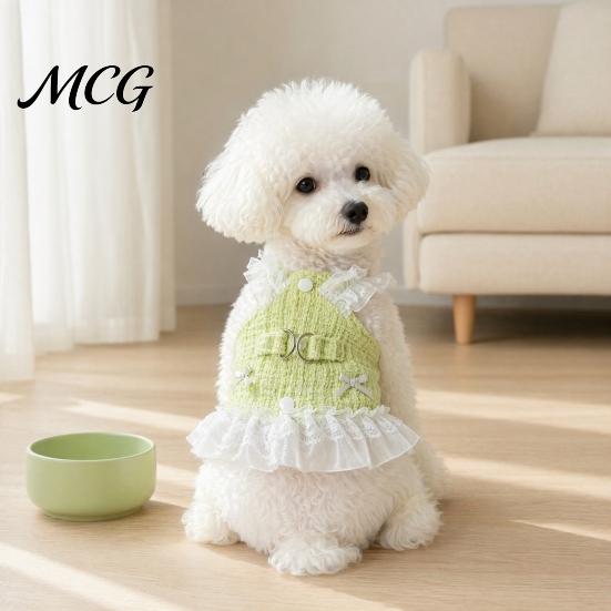Dog Dress No Harness Needed Sleeveless Tweed Dress, Ruffled Pet with Lace Breathable Mesh Apparel Trim, Cute Summer for Small Dogs