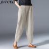 9 Color Order Two Sizes Up, Women Summer Casual Loose Elastic Waist Cotton Linen Harem Pants Slim Trousers Ninth Trousers
