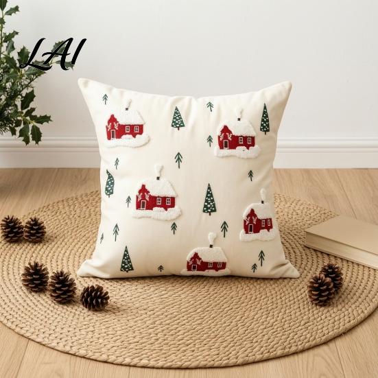 Festive Cushion Covers Christmas Cottage Cover Red Snowy House Pillowcase Decorative Cover Throw Pillow Case for Sofa Couch Farmhouse Home