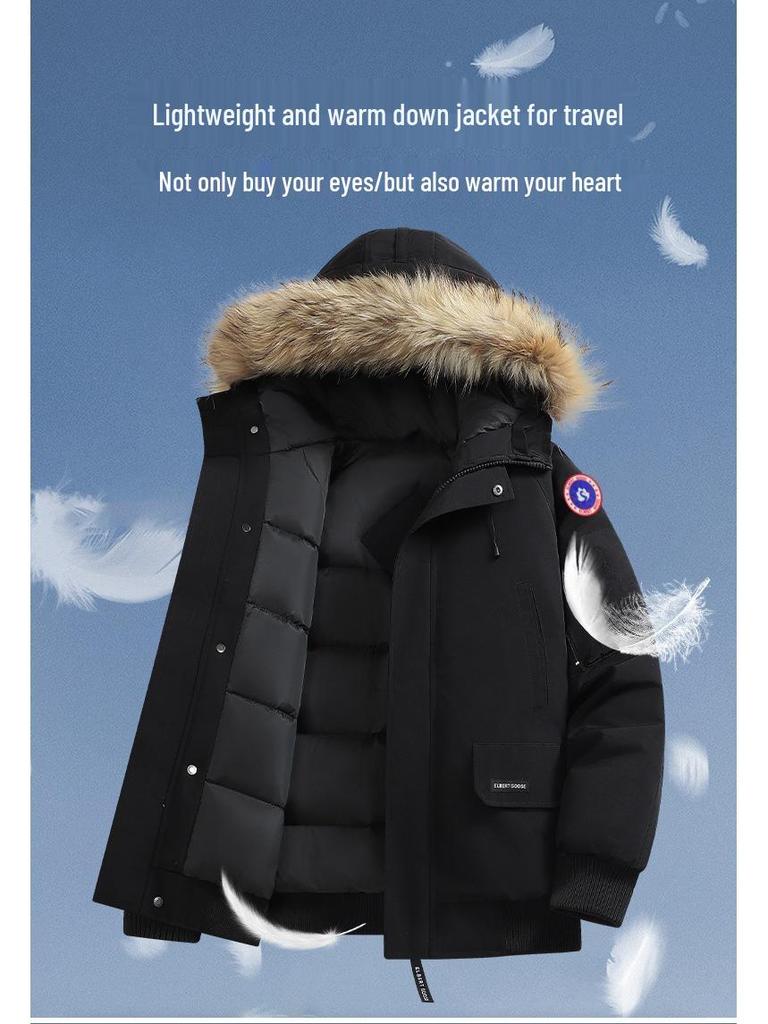 Мужская короткая зимняя куртка на гусином пуху - 80% белого утиного пуха, теплая и утолщенная, в стиле пилот, доступен вариант для пары