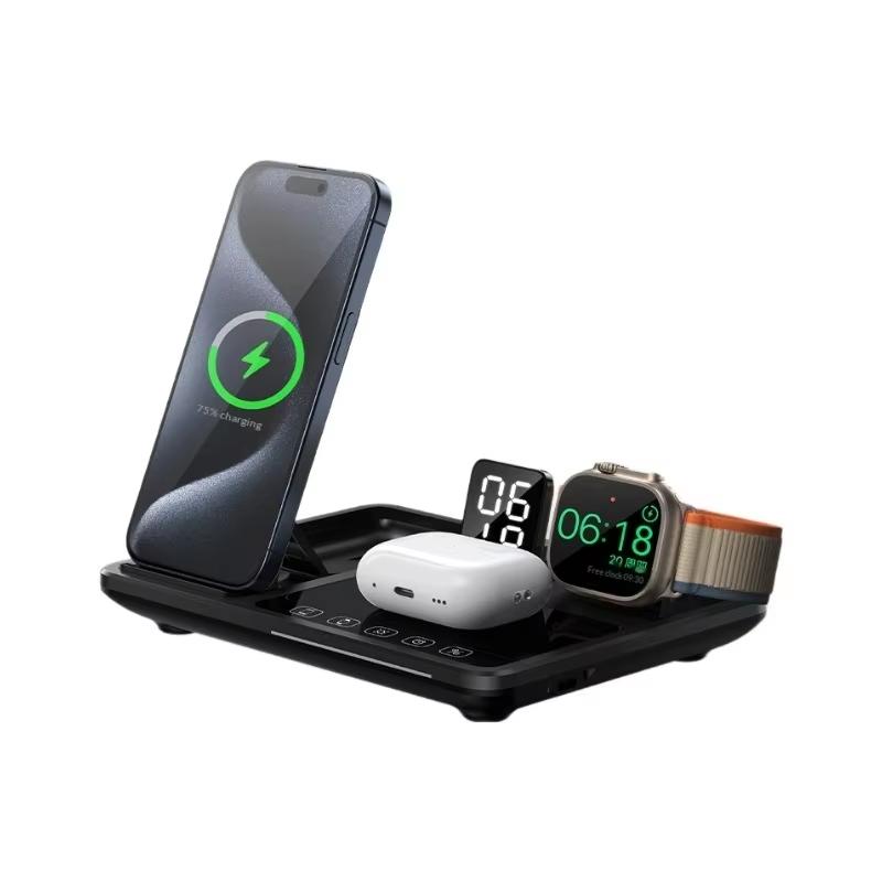 New 15W Wireless Charger Four-in-one Fast Charging Stand Clock Foldable Automatic Lifting for Mobile Phones Headphones Watches