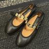 Leather French Metal One-word Buckle with Mary Jane Women's Shoes Shallow Mouth Flat Bottom Round Head Small Fragrant Single Shoes Women's Summer and