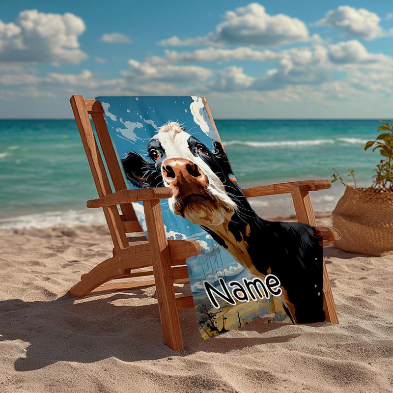 Custom Name Ultra-Soft Beach Towel with Cow Theme,Ideal for Pool - Camping, Diving - Perfect Travel Essential, Vibrant Beach Towel.