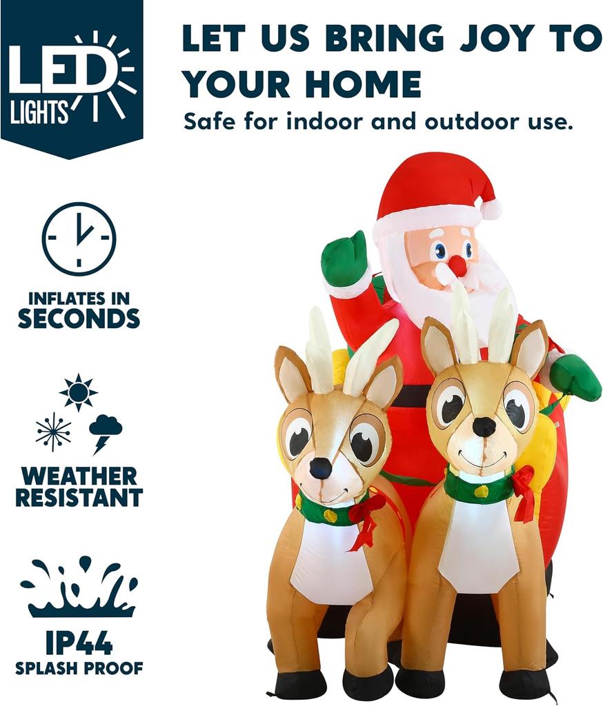 JOYFY 6 футов длиной Рождественский Санта на санях с 2 оленями Надувной Рождественский со встроенными светодиодами для украшения газона на рождественскую вечеринку