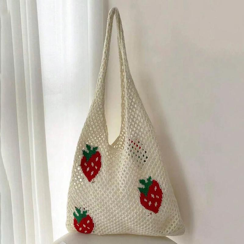 Women Large Capacity Shoulder Bag Stylish Strawberry Cherry Pattern Crochet Tote Bag All-Match Cute Knitting Hobo Bag MIT