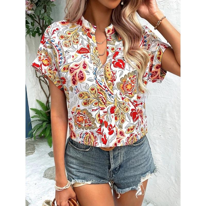 Women's Summer New Fashion Floral Print V-Neck Short Sleeve Shirt Top Cardigan