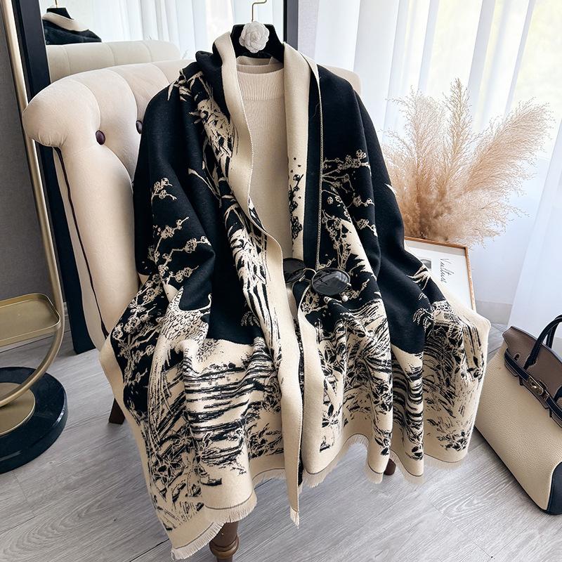 Versatile Ink And Wash Wind Contrasting Colors, Double-Sided Imitation Cashmere Scarf, Winter High-End Warm Shawl