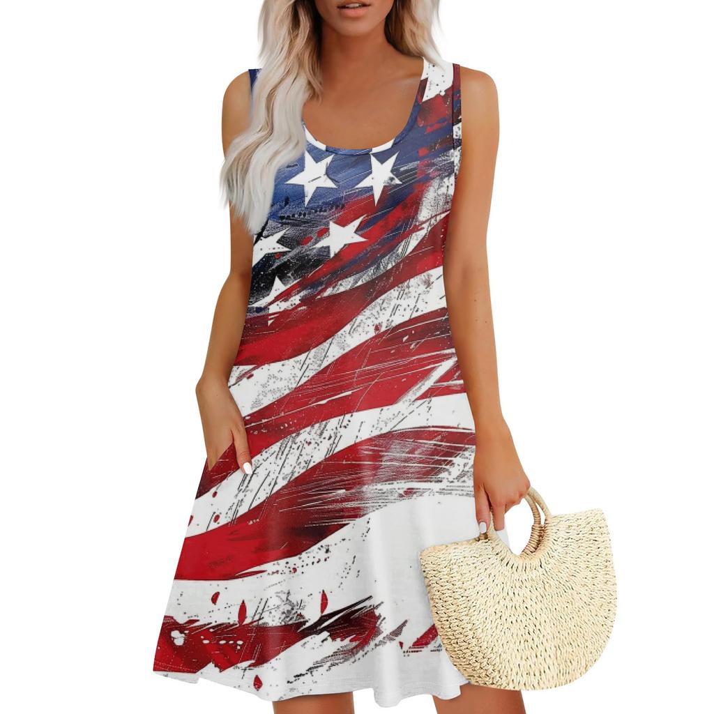 Women's Summer Casual Square Neck Independence Day Printed Dress Sleeveless Dress With Pockets