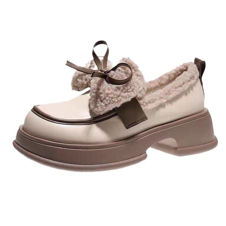 Internet Celebrity Small Leather Shoes Women's 2024 Winter New Platform Beanie Shoes Velvet Retro Bow Foreign Style Loafer Cotton Shoes