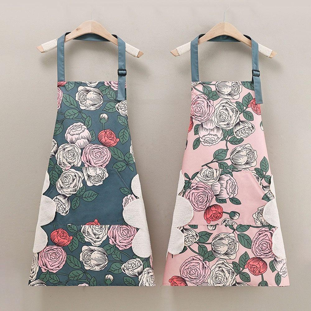 With Hand Towel Waterproof Apron Rose Print Restaurant Uniform Barber Carpenter Florist