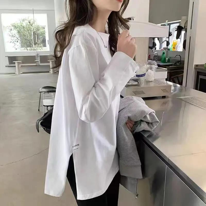Женская весенне-осенняя однотонная открытая футболка с длинными рукавами, удобная нижняя рубашка с круглым вырезом