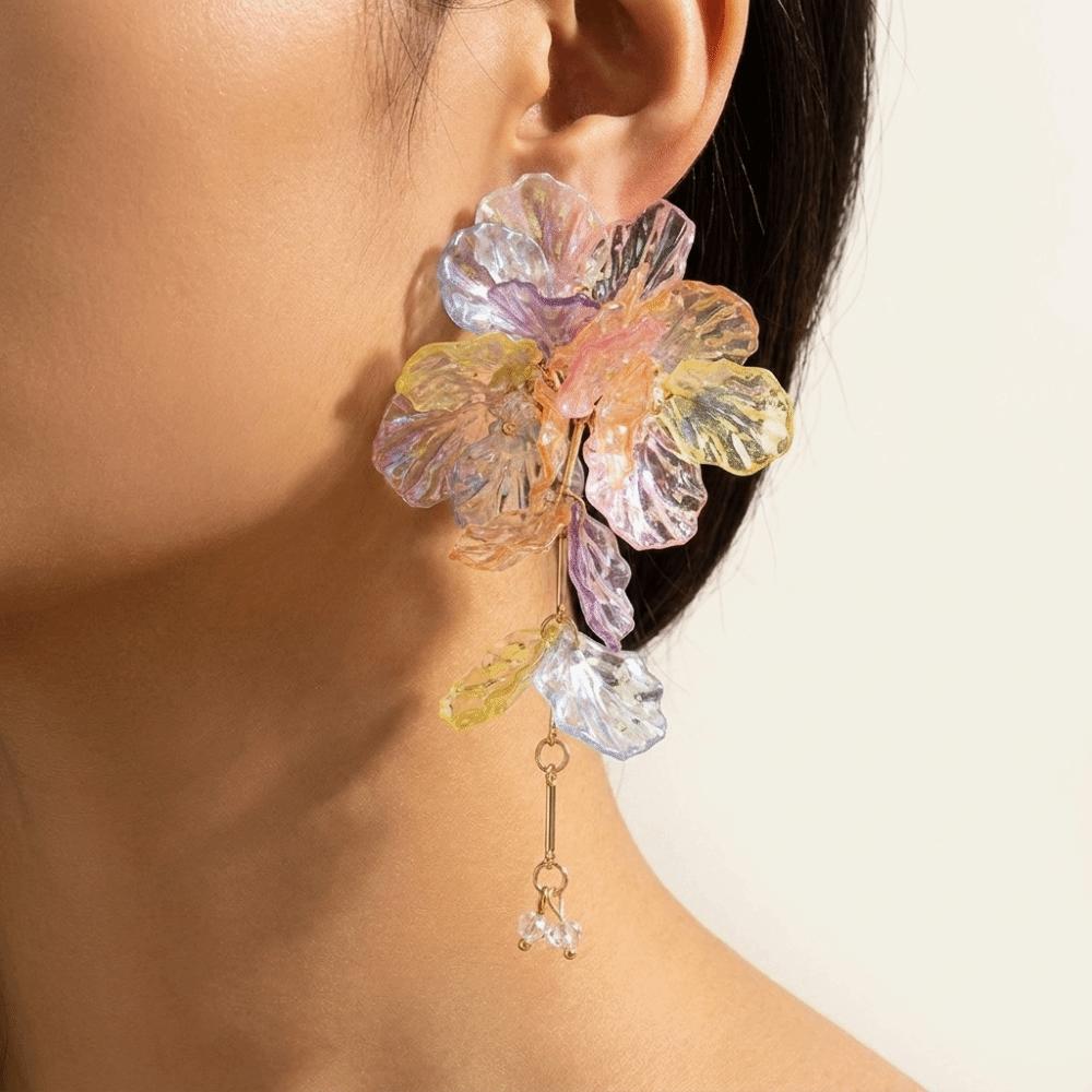 Iridescent Tassel Drop Earrings Transparent Petal Statement Earrings Seaside Beach