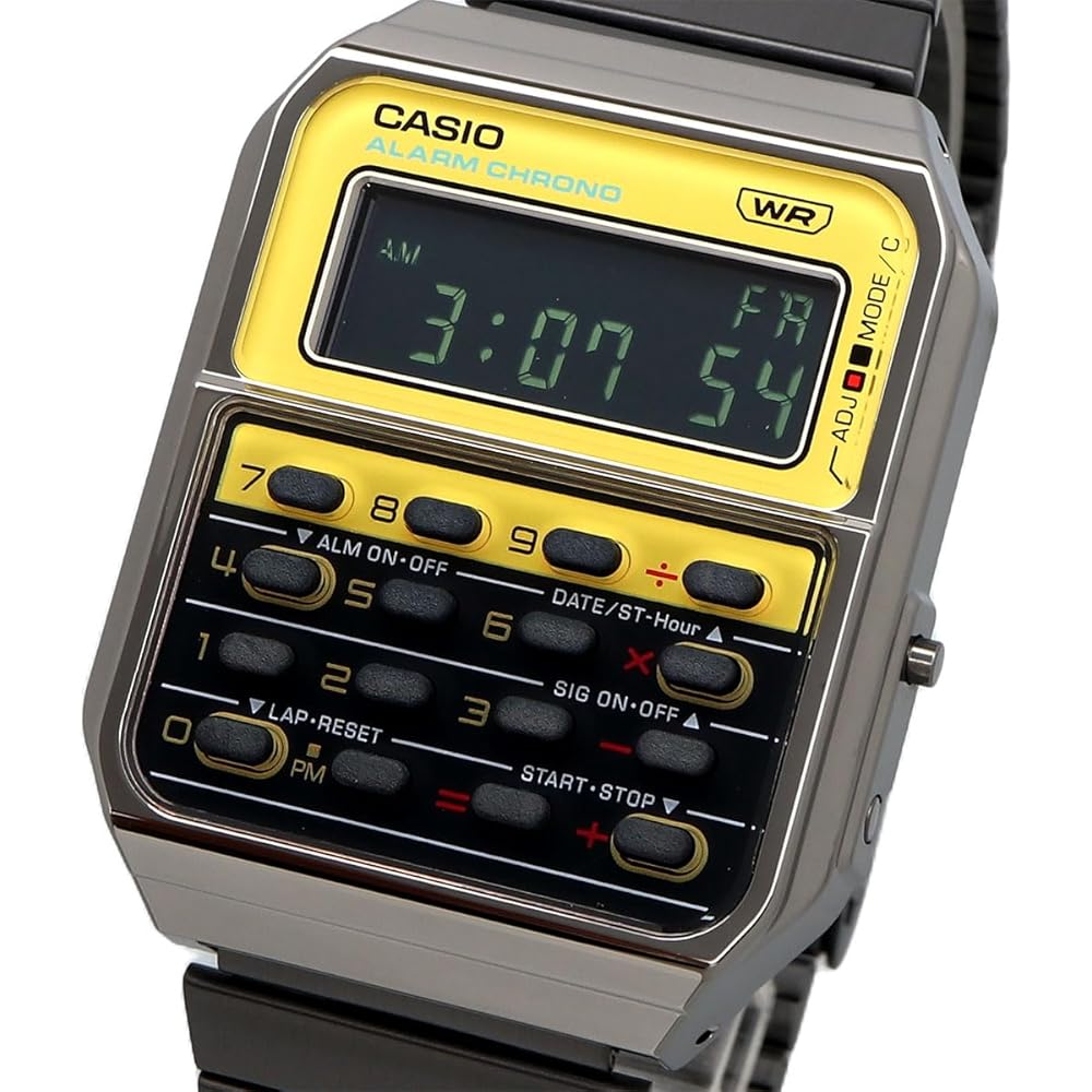 Casio Vintage Series Digital Watch 8-Digit Calculator Gunmetal Yellow Unisex Metal Band