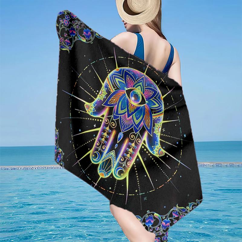 Colorful Hamsa Mandala Pattern Beach Towel, Super Soft Microfiber, Gift for Her/Him, Birthday, for Pool, Beach, Travel, Home Decor Fan gifts
