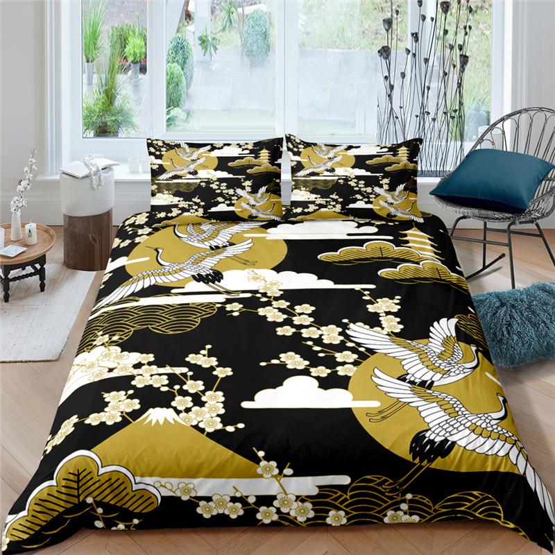 Пододеяльник с японским журавлем King Queen Size Wave Flower Ukiyo-e Style Комплект постельного белья Восточная культура 2/3 шт. Полиэстеровый пододеяльник