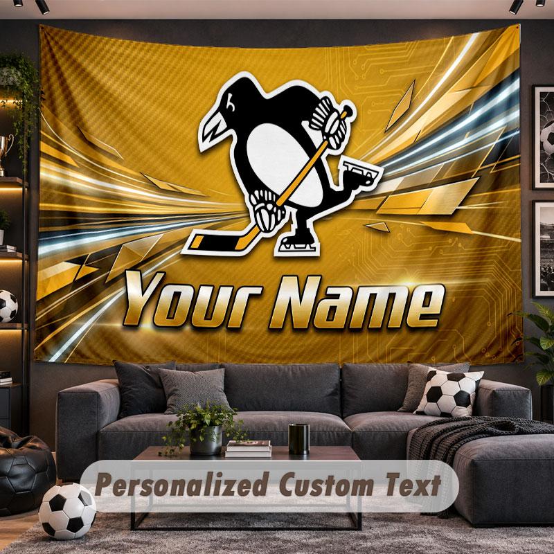 Wall Hanging Tapestry Custom NamePittsburgh Penguins Pattern Personalized Printed Fabric Wall Decor