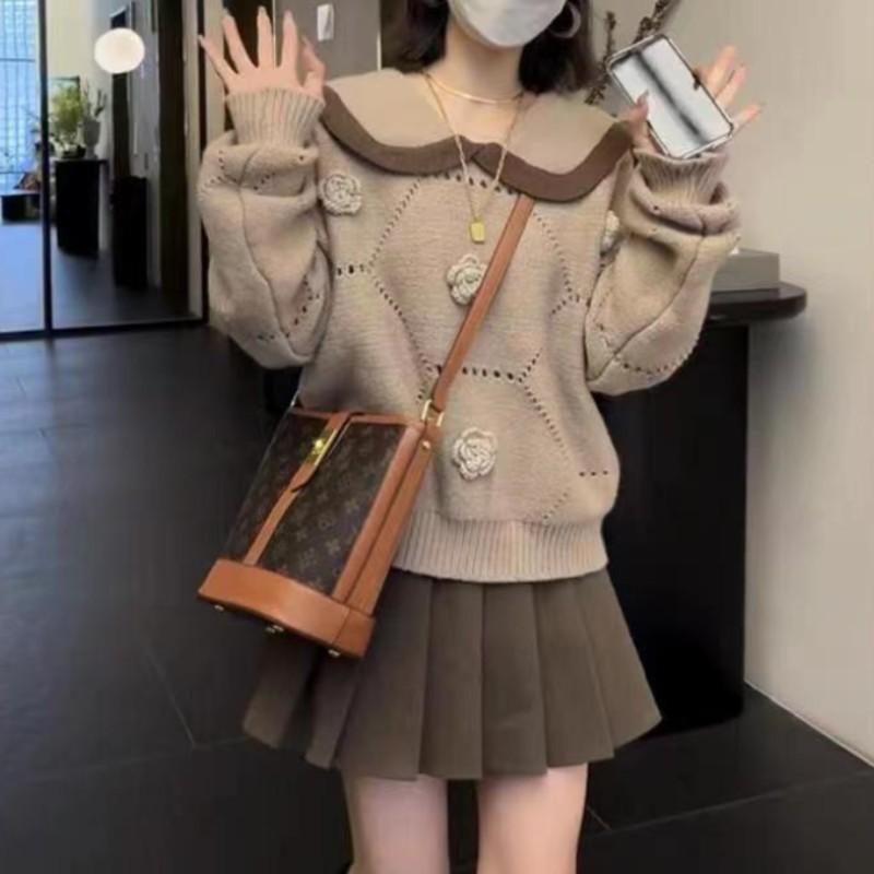 Осенне-зимний женский нежный отдел Sweet Wind Трехмерные розы Цветы ажурный вязаный свитер Collision Doll Collar Knitwear