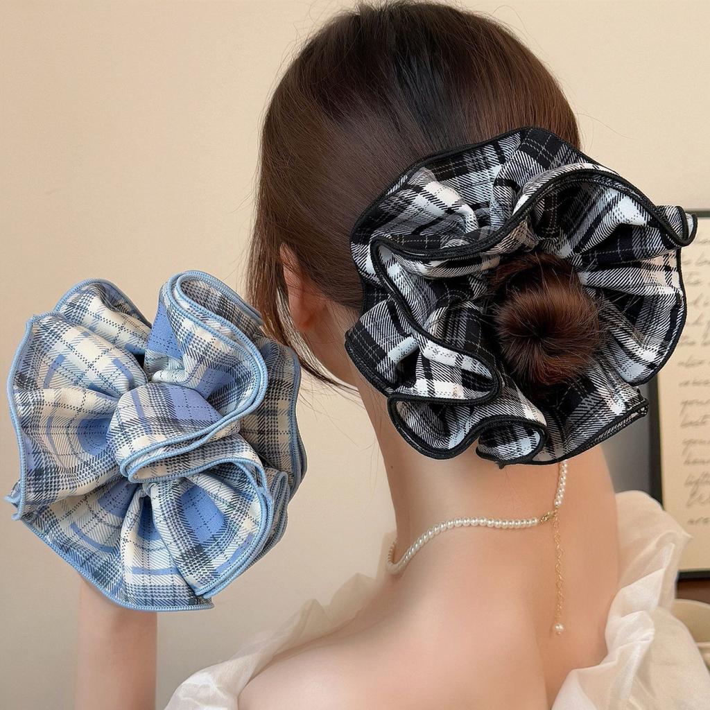 Four Layer Plaid Lace Fabric Hair Ties Elegant Big Scrunchies Fashion Women Daily Hair Rope