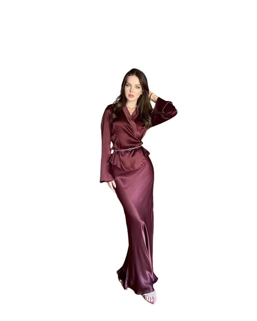 2024 Элегантный атласный топ с V-образным вырезом и длинными рукавами и юбка А-силуэта длиной до середины икры