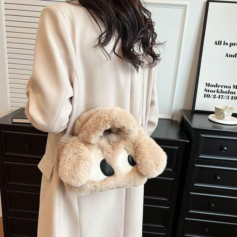 Big-Eyed Dog Plush Crossbody Bag: Faux Rex Rabbit Fur Childlike Tote, Fashionable Cartoon Handbag for All Seasons