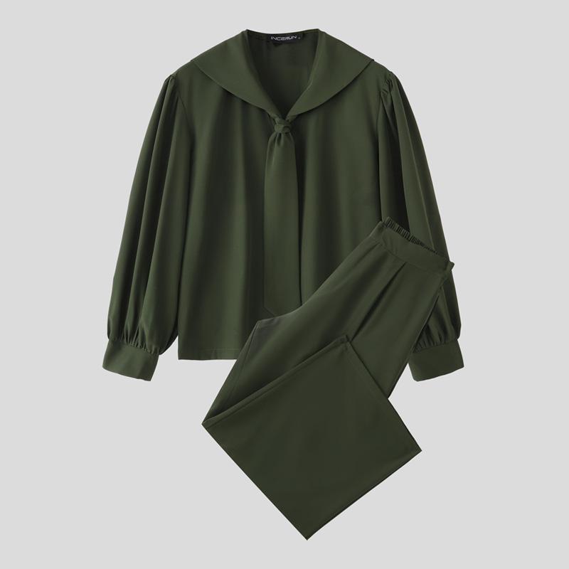 INCERUN Мужские костюмы оверсайз с морским воротником, рубашки с длинным рукавом, длинные брюки, повседневные двойки