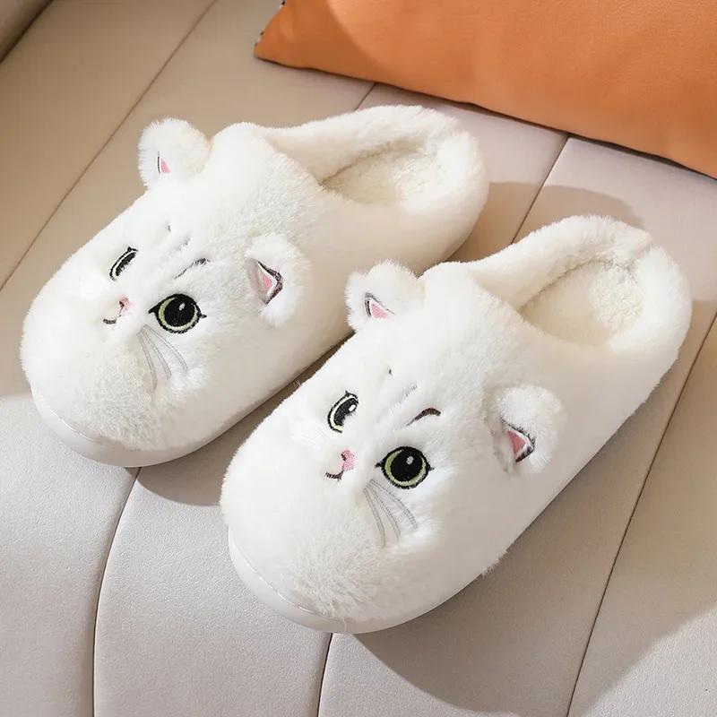 Fashion Cute Cat Slippers Fluffy Furry Women Home Platform Slippers Men Winter Plush Slides Indoor Fuzzy Slippers Lovely Cotton Shoes