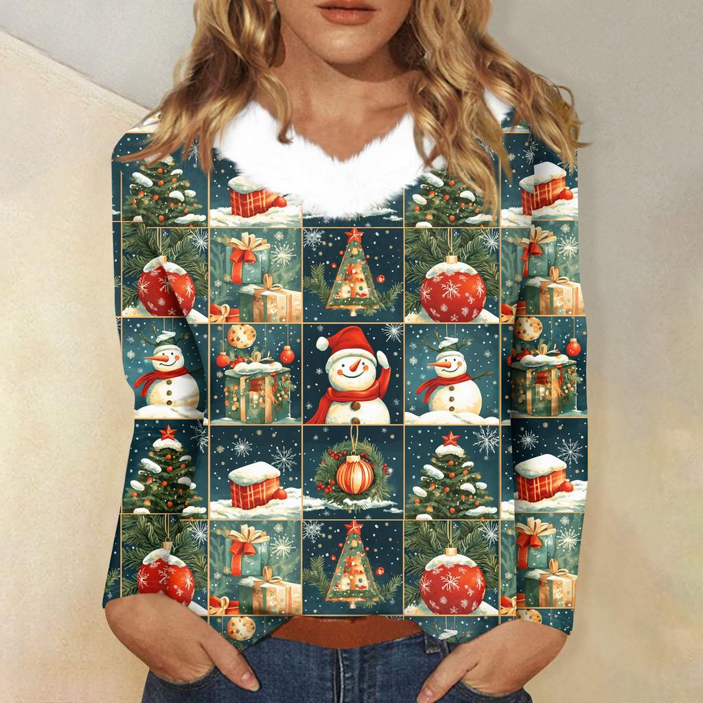 Женская футболка с длинным рукавом, рождественская вечеринка, плюшевый воротник, топ с V-образным вырезом