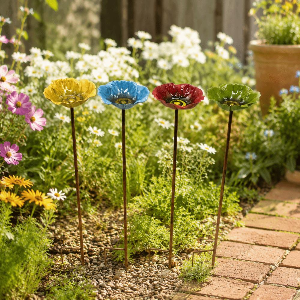 Flower Shaped Bird Bath Stand Metal Bird Water Dispenser Bird Bath Bowls Flower Garden Stake Patio