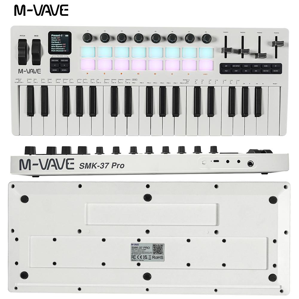 M-VAVE SMK-37 37-клавишный PRO MIDI-клавиатура-контроллер с 16 RGB-пэдами и 8 ручками, поддерживает беспроводное подключение к нескольким системам