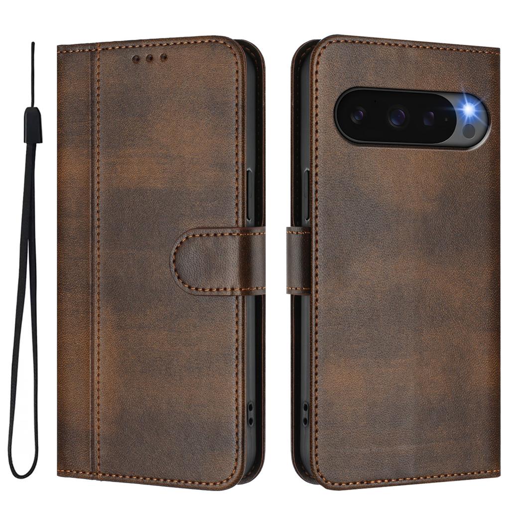 For Google Pixel 9 Cases Wallet Stand Retro Texture Leather Phone Cover with Lanyard
