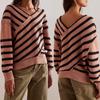 Long Sleeve Sweater Women Striped Color Block Knitted Sweater V Neck Oversized Pullover Jumper