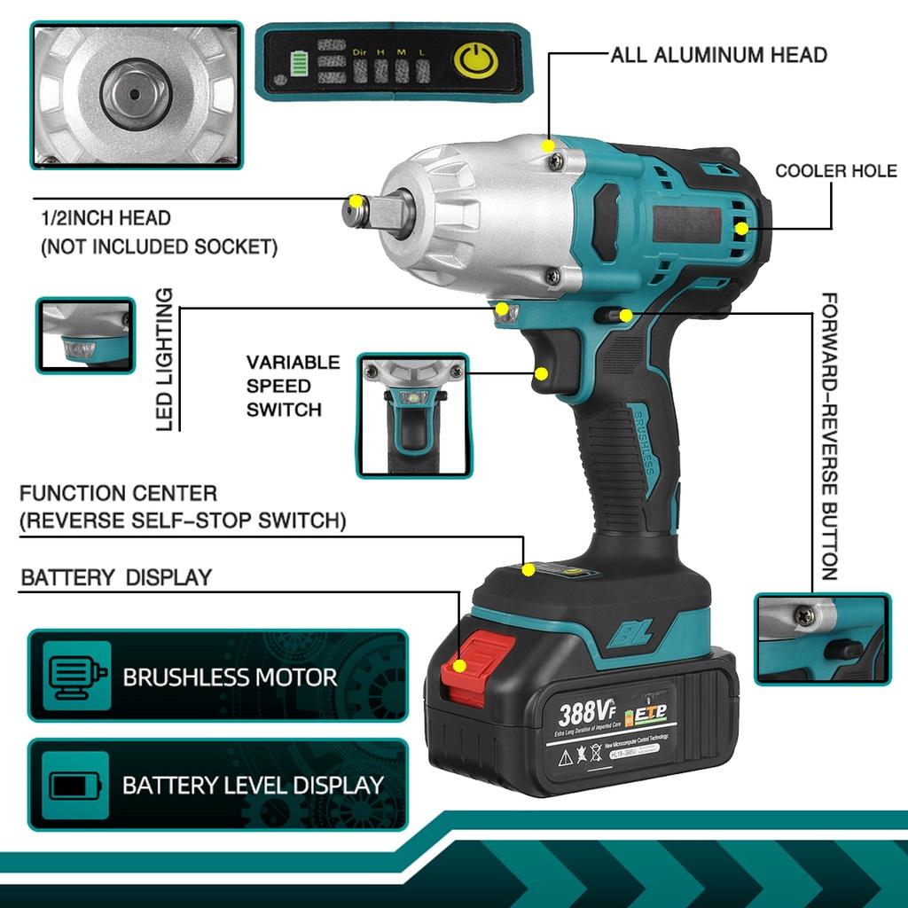 Высокий крутящий момент 800 Н·м Аккумуляторный бесщеточный электрический ударный гайковерт 388VF 1/2 дюйма Электроинструменты с 2 шт. 3,0 А·ч перезаряжаемыми батареями
