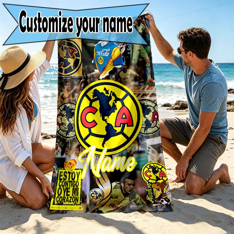 Custom Name Personalized Club America Print Beach Towel, for Trip Camping Beach Party Home Decor, Birthday Gift for Family & Friends