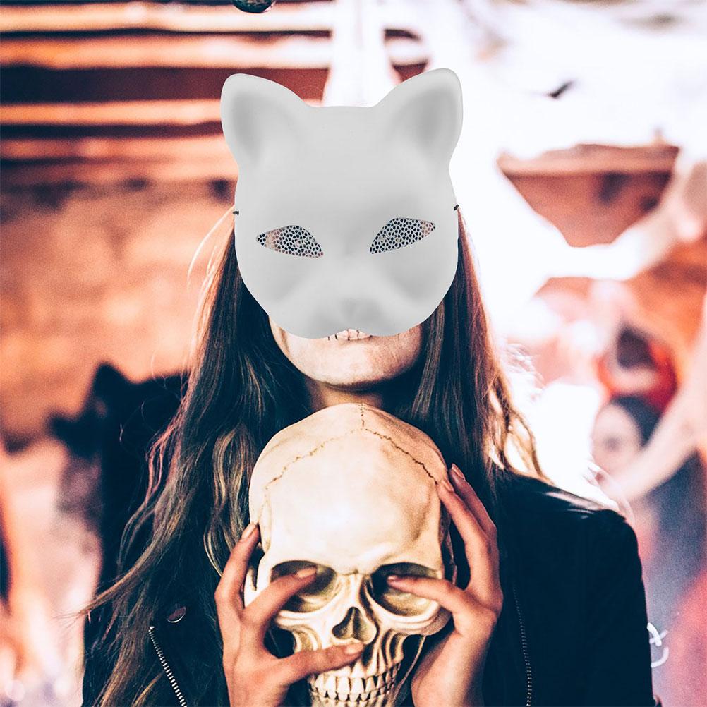 2Pcs Mesh Yarn Cat Face White Embryo Mask Fox Blank DIY Halloween Mask Animal Half Facemasks Masquerade Cosplay Party