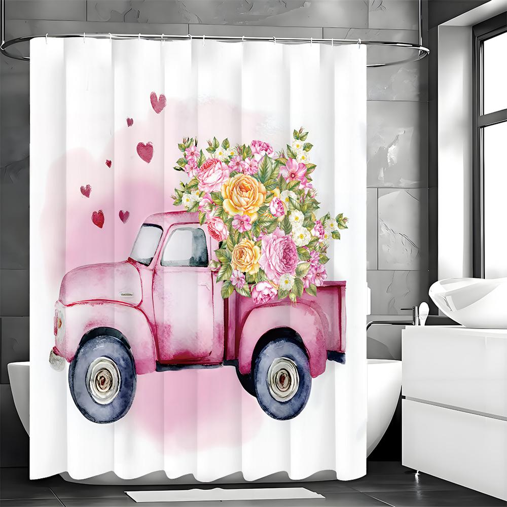 Watercolor Pastel Car Colorful Flower Love Shower Curtain, Bathroom Decorative Shower Curtain, Waterproof Shower Curtain with Ho