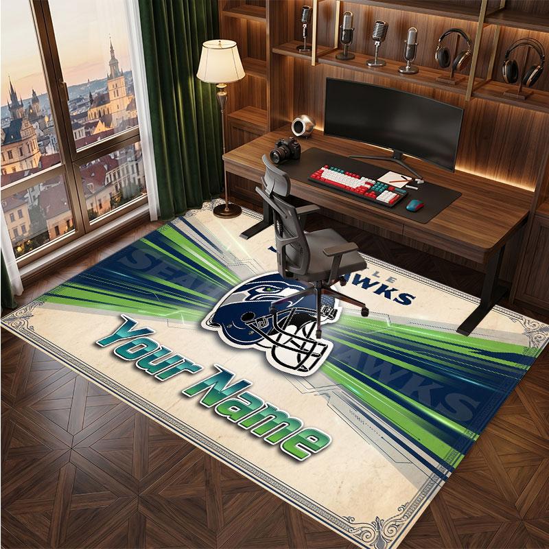 Seattle Seahawks Personalized Crystal Velvet Carpet, Customized Name Text Soft Anti‑Slip Rug for Living Room Bedroom