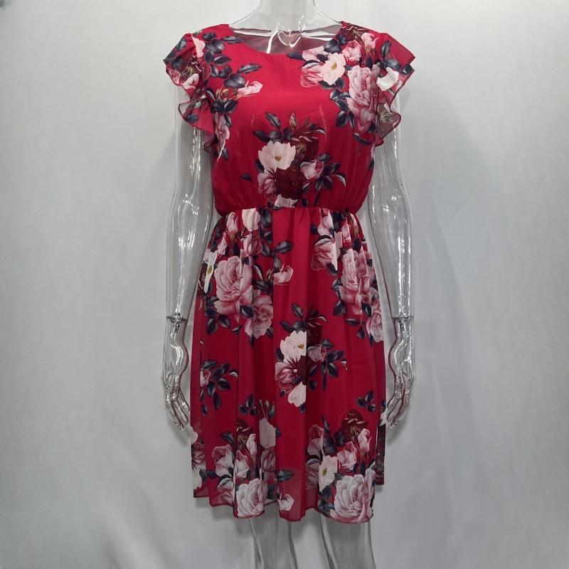 IHUASU Summer Holiday Style Ruffle Short Sleeve Chiffon Printed Rose Dress