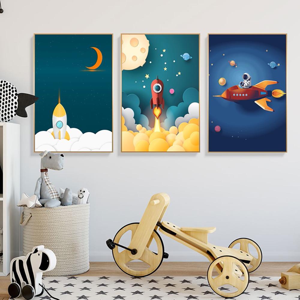 Outer Space Astronaut Cartoon Picture Poster Canvas Painting Kids Room Prints and Decoration Mural for Modern Home Decor No Frame