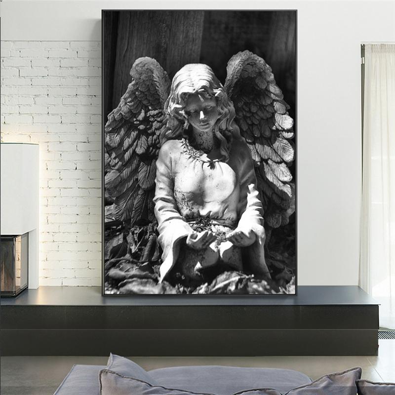 Black And White Angel Statue Canvas Wall Art Posters And Prints Angel Wings Sculpture Picture On Wall Painting For Living Room