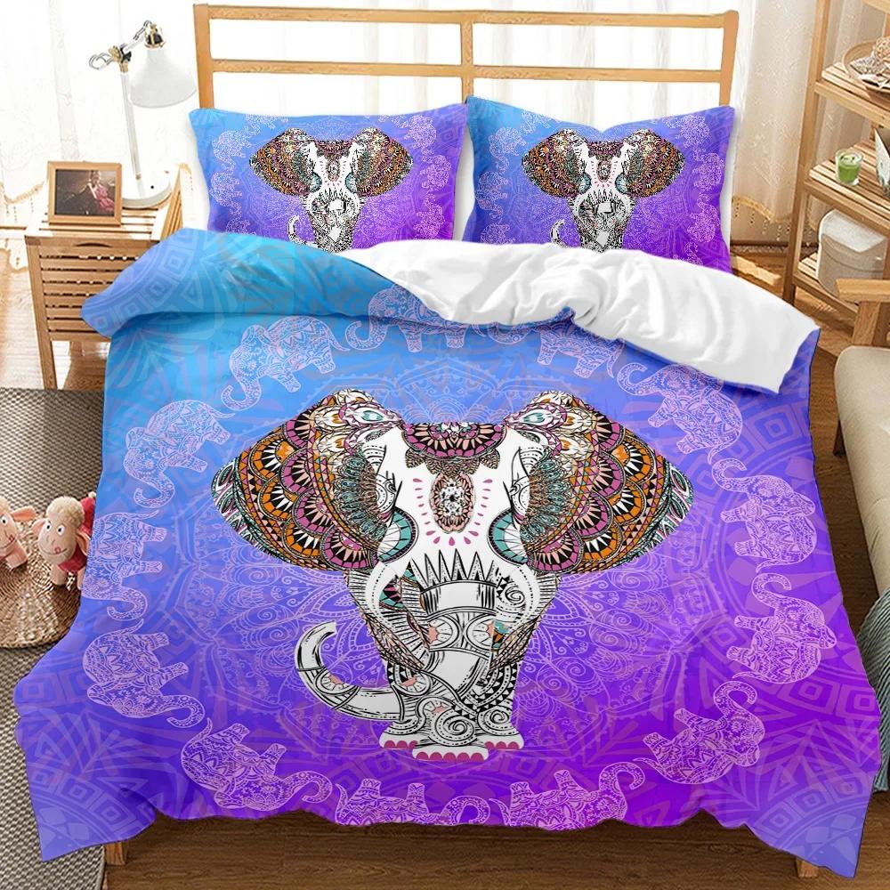 2/3 Piece Bohemian Elephant Mandala Pattern Bedding Set Boho Duvet Cover Queen King Size Quitl Cover Polyester Comforter Cover