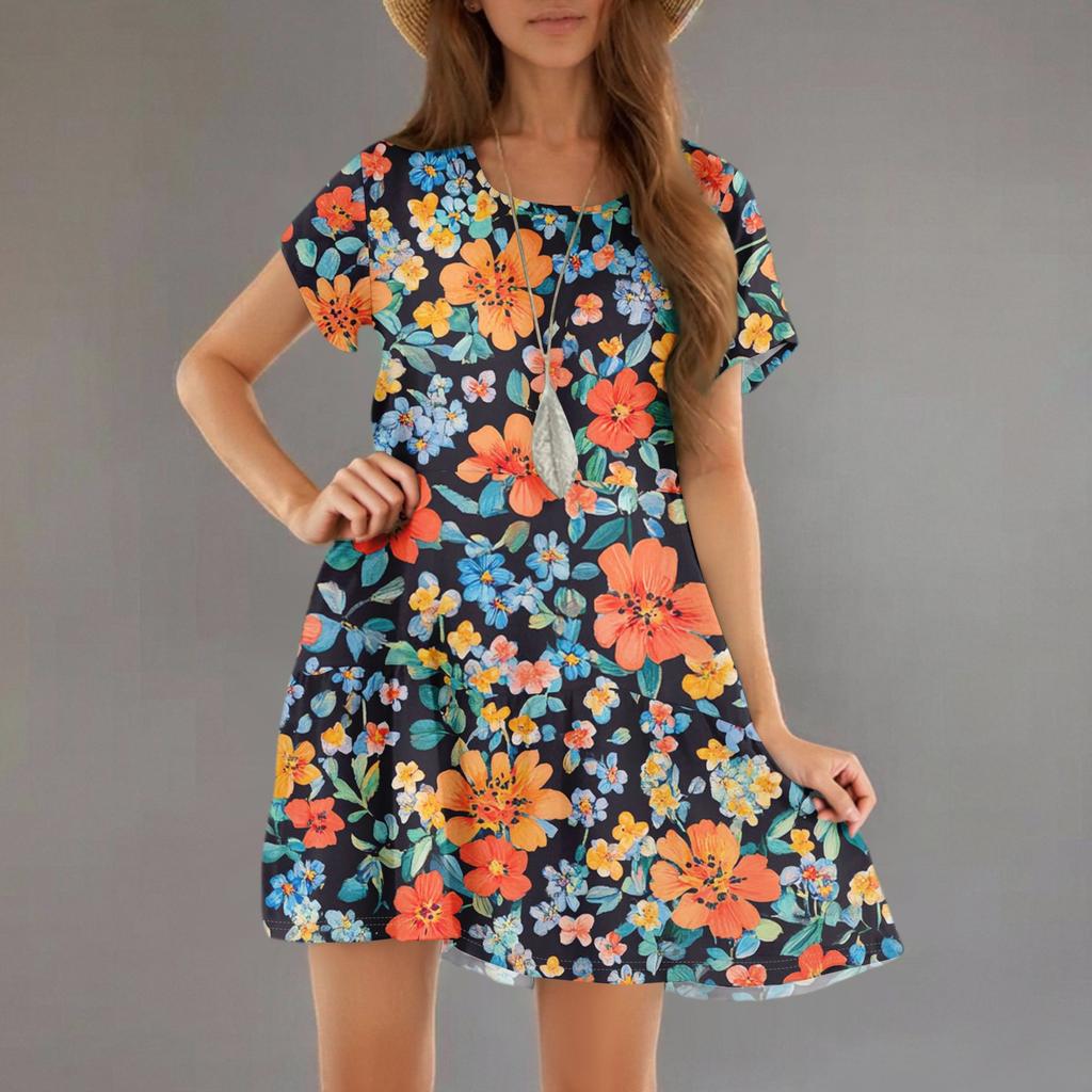 Women's Fashion Casual Round Neck Short Sleeve Ruffle Gradient Printed Dresses