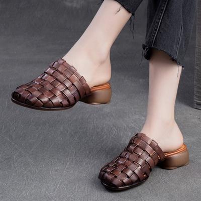 Дышащие тапочки с круглым носком из натуральной кожи, универсальные женские шлепанцы на выход в стиле ретро