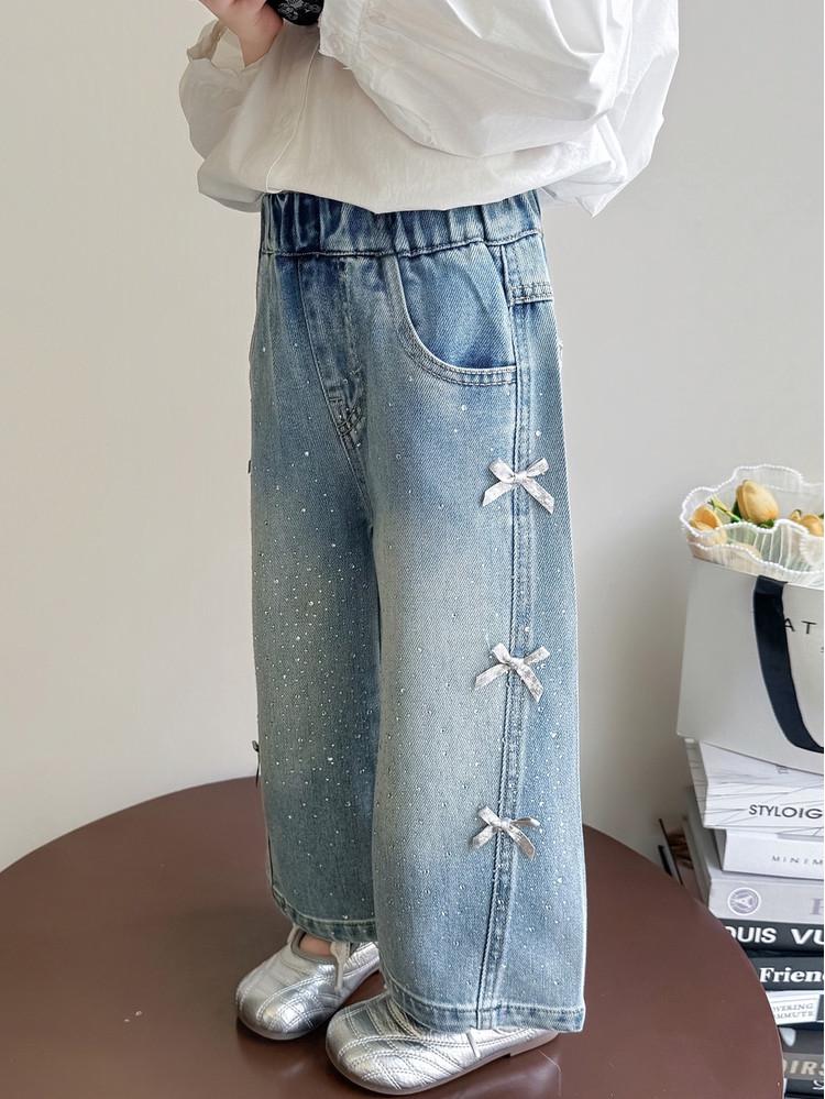 Girls' 2026 Spring Rhinestone Star Denim Jeans - Drapey Straight-Leg Casual Pants