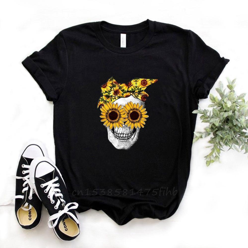 Bandana Skull Sunflower Print Women Tshirt No Fade Premium T Shirt Gift For Lady Girl Woman T-Shirts Graphic Top Tee Customize